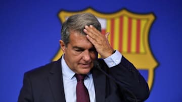 EDITORS NOTE: Graphic content / President of FC Barcelona Joan Laporta holds a press conference at the Camp Nou stadium in Barcelona on August 6, 2021 to explain Lionel Messi exit. Soccer star Lionel Messi will leave FC Barcelona after discussions for a new contract failed due to financial and structural obstacles. (Photo by Pau BARRENA / AFP) (Photo by PAU BARRENA/AFP via Getty Images)