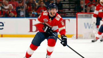 SUNRISE, FL - FEBRUARY 23: Mike Hoffman #68 of the Florida Panthers skates with the puck against the Los Angeles Kings at the BB&T Center on February 23, 2019 in Sunrise, Florida. (Photo by Eliot J. Schechter/NHLI via Getty Images)