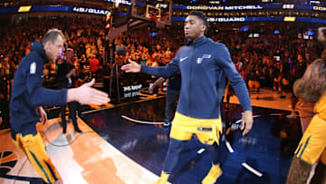 SALT LAKE CITY, UT - JANUARY 20: Donovan Mitchell #45 of the Utah Jazz makes his entrance before the game against the LA Clippers on January 20, 2018 at Vivint Smart Home Arena in Salt Lake City, Utah. NOTE TO USER: User expressly acknowledges and agrees that, by downloading and/or using this photograph, user is consenting to the terms and conditions of the Getty Images License Agreement. Mandatory Copyright Notice: Copyright 2018 NBAE (Photo by Melissa Majchrzak/NBAE via Getty Images)