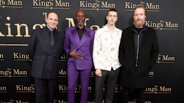 NEW YORK, NEW YORK - DECEMBER 13: (L-R) Ralph Fiennes, Djimon Hounsou, Harris Dickinson and Rhys Ifans attend "The King's Man" New York Gala Screening on December 13, 2021 in New York City. (Photo by Arturo Holmes/Getty Images for 20th Century Studios)