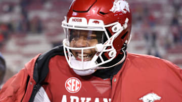 Nov 19, 2022; Fayetteville, Arkansas, USA; Arkansas Razorbacks quarterback KJ Jefferson (1) celebrates after a game against the Ole Miss Rebels at Donald W. Reynolds Razorback Stadium. Arkansas won 42-27. Mandatory Credit: Nelson Chenault-USA TODAY Sports