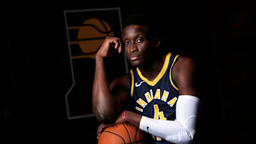 INDIANAPOLIS - SEPTEMBER 24: Victor Oladipo #4 of the Indiana Pacers poses for a portrait during the Pacers Media Day on September 24, 2018 at Bankers Life Field House in Indianapolis, Indiana. NOTE TO USER: User expressly acknowledges and agrees that, by downloading and or using this Photograph, user is consenting to the terms and condition of the Getty Images License Agreement. Mandatory Copyright Notice: 2018 NBAE (Photo by Ron Hoskins/NBAE via Getty Images)