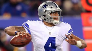 Dec 11, 2016; East Rutherford, NJ, USA; Dallas Cowboys quarterback Dak Prescott (4) drops back to pass against the New York Giants during the first quarter at MetLife Stadium. Mandatory Credit: Brad Penner-USA TODAY Sports