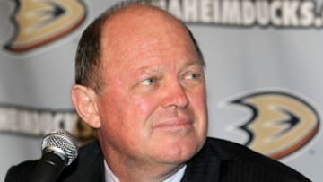 ANAHEIM, CA - DECEMBER 1: General Manager Bob Murray of the Anaheim Ducks looks on during a press conference announcing new head coach Bruce Boudreau after morning practice at Anaheim Ice on December 1, 2011 in Anaheim, California. (Photo by Debora Robinson/NHLI via Getty Images)