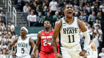 Michigan State basketball's Aaron Henry celebrates after drawing a foul during the second half on Sunday, March 8, 2020, at the Breslin Center in East Lansing.200308 Msu Osu 169a
