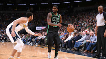 DENVER, CO - JANUARY 29: Kyrie Irving #11 of the Boston Celtics handles the ball against the Denver Nuggets on January 29, 2018 at the Pepsi Center in Denver, Colorado. NOTE TO USER: User expressly acknowledges and agrees that, by downloading and/or using this photograph, user is consenting to the terms and conditions of the Getty Images License Agreement. Mandatory Copyright Notice: Copyright 2018 NBAE (Photo by Garrett Ellwood/NBAE via Getty Images)