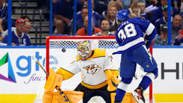 TAMPA, FLORIDA - OCTOBER 10: Brandon Hagel #38 of the Tampa Bay Lightning scores a goal third period during the opening night game against the Nashville Predators at Amalie Arena on October 10, 2023 in Tampa, Florida. (Photo by Mike Ehrmann/Getty Images)