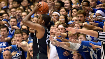 DURHAM, NC - DECEMBER 01: Cameron Crazies and fans of the Duke Blue Devils taunt Jalen Crutchfield #12 of the Stetson Hatters at Cameron Indoor Stadium on December 1, 2018 in Durham, North Carolina. Duke won 113-49. (Photo by Lance King/Getty Images)