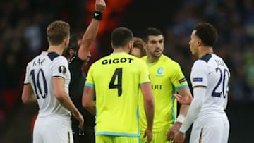 LONDON, ENGLAND - FEBRUARY 23: Referee Manuel De Sousa shows a red card to Dele Alli of Tottenham Hotspur (right) as he is sent off during the UEFA Europa League Round of 32 second leg match between Tottenham Hotspur and KAA Gent at Wembley Stadium on February 23, 2017 in London, United Kingdom. (Photo by Tottenham Hotspur FC/Tottenham Hotspur FC via Getty Images)