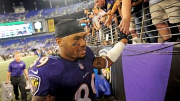 Sep 11, 2014; Baltimore, MD, USA; Baltimore Ravens wide receiver Steve Smith Sr. (89) high fives fans after beating the Pittsburgh Steelers 26-6 at M&T Bank Stadium. Mandatory Credit: Evan Habeeb-USA TODAY Sports