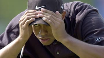 3 Nov 2000: Tiger Woods eyes up a putt on the ninth hole during the second day of the PGA Tour Championship at East Lake Golf Club in Atlanta, Georgia. <> Mandatory Credit: Doug Pensinger/ALLSPORT