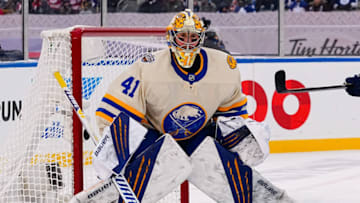Mar 13, 2022; Hamilton, Ontario, CAN; Buffalo Sabres goaltender Craig Anderson (41) defends the goal against the Toronto Maple Leafs in the 2022 Heritage Classic ice hockey game at Tim Hortons Field. Mandatory Credit: John E. Sokolowski-USA TODAY Sports