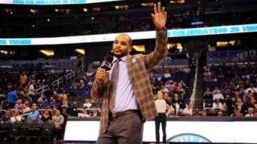 Apr 16, 2014; Orlando, FL, USA; Orlando Magic guard Jameer Nelson addresses the crowd in street clothes before the start of the game against the Indiana Pacers at Amway Center. Mandatory Credit: David Manning-USA TODAY Sports