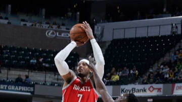 INDIANAPOLIS, IN - NOVEMBER 5: Carmelo Anthony #7 of the Houston Rockets shoots the ball against the Indiana Pacers on November 5, 2018 at Bankers Life Fieldhouse in Indianapolis, Indiana. NOTE TO USER: User expressly acknowledges and agrees that, by downloading and or using this Photograph, user is consenting to the terms and conditions of the Getty Images License Agreement. Mandatory Copyright Notice: Copyright 2018 NBAE (Photo by Ron Hoskins/NBAE via Getty Images)