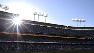 Apr 17, 2016; Los Angeles, CA, USA; A general view as Los Angeles Dodgers starting pitcher Kenta Maeda (18) bats off of a pitch by San Francisco Giants starting pitcher Jeff Samardzija (29) during the third inning at Dodger Stadium. The Los Angeles Dodgers won 3-1. Mandatory Credit: Kelvin Kuo-USA TODAY Sports