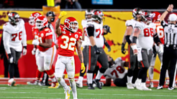 Feb 7, 2021; Tampa, FL, USA; Kansas City Chiefs strong safety Tyrann Mathieu (32) celebrates after a play during the second quarter against the Tampa Bay Buccaneers in Super Bowl LV at Raymond James Stadium. Mandatory Credit: Matthew Emmons-USA TODAY Sports