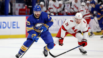 Oct 4, 2022; Buffalo, New York, USA; Buffalo Sabres center Vinnie Hinostroza (29) looks to make a pass during the second period against the Carolina Hurricanes at KeyBank Center. Mandatory Credit: Timothy T. Ludwig-USA TODAY Sports