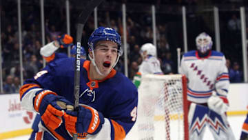 NEW YORK, NEW YORK - FEBRUARY 25: Jean-Gabriel Pageau #44 of the New York Islanders scores at 17:04 of the second period against the New York Rangers at NYCB Live's Nassau Coliseum on February 25, 2020 in Uniondale, New York. (Photo by Bruce Bennett/Getty Images)