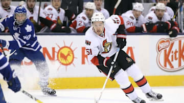 Mar 5, 2016; Toronto, Ontario, CAN; Ottawa Senators right wing Mark Stone (61) attacks with the puck against the Toronto Maple Leafs at Air Canada Centre. The Senators beat the Maple Leafs 3-2. Mandatory Credit: Tom Szczerbowski-USA TODAY Sports