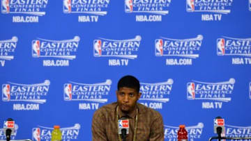 May 24, 2014; Miami, FL, USA; Indiana Pacers forward Paul George talks with the media following the Heat 99-87 victory over the Indiana Pacers in game three of the Eastern Conference Finals of the 2014 NBA Playoffs at American Airlines Arena. Mandatory Credit: Steve Mitchell-USA TODAY Sports