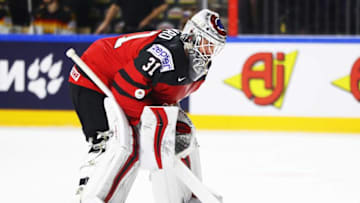COLOGNE, GERMANY - MAY 18: Calvin Pickard of Canada during the 2017 IIHF Ice Hockey World Championship Quarter Final game between Canada and Germany at Lanxess Arena on May 18, 2017 in Cologne, Germany. (Photo by Martin Rose/Getty Images)