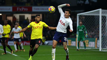 WATFORD, ENGLAND - DECEMBER 02: Dele Alli of Tottenham Hotspur and Adrian Mariappa of Watford in action during the Premier League match between Watford and Tottenham Hotspur at Vicarage Road on December 02, 2017 in Watford, England. (Photo by Richard Heathcote/Getty Images)