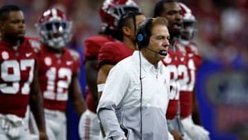 NEW ORLEANS, LOUISIANA - DECEMBER 31: Head coach Nick Saban of the Alabama Crimson Tide looks on during the Allstate Sugar Bowl at Caesars Superdome on December 31, 2022 in New Orleans, Louisiana. (Photo by Chris Graythen/Getty Images)