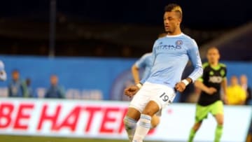 May 3, 2015; New York, NY, USA; New York City FC forward Khiry Shelton (19) in action against the Seattle Sounders FC during the second half of a soccer game at Yankee Stadium. The Sounders FC defeated the New York City FC 3 - 1. Mandatory Credit: Adam Hunger-USA TODAY Sports