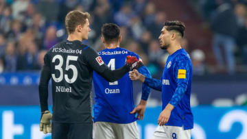 GELSENKIRCHEN, GERMANY - FEBRUARY 22: (BILD ZEITUNG OUT) goalkeeper Alexander Nuebel of FC Schalke 04 and Suat Serdar of FC Schalke 04 gestures during the Bundesliga match between FC Schalke 04 and RB Leipzig at Veltins-Arena on February 22, 2020 in Gelsenkirchen, Germany. (Photo by Mario Hommes/DeFodi Images via Getty Images)