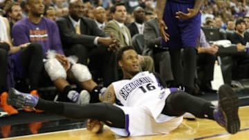 Apr 16, 2014; Sacramento, CA, USA; Sacramento Kings guard Ben McLemore (16) on the ground after being fouled on a three point shot against the Phoenix Suns during the fourth quarter at Sleep Train Arena. The Phoenix Suns defeated the Sacramento Kings 104-99. Mandatory Credit: Kelley L Cox-USA TODAY Sports