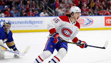 Mar 27, 2023; Buffalo, New York, USA; Montreal Canadiens left wing Michael Pezzetta (55) reacts after scoring the game winning goal in a shootout against the Buffalo Sabres at KeyBank Center. Mandatory Credit: Timothy T. Ludwig-USA TODAY Sports