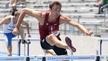 Jul 26, 2019; Des Moines, IA, USA; Harrison Williams of Stanford runs a wind-aided 14.15 in the decathlon 110m hurdles during the USATF Championships at Drake Stadium. Mandatory Credit: Kirby Lee-USA TODAY Sports