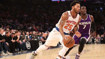 Dec 4, 2016; New York, NY, USA; New York Knicks guard Derrick Rose (25) drives around Sacramento Kings guard Darren Collison (7) during the third quarter at Madison Square Garden. New York Knicks won 106-98. Mandatory Credit: Anthony Gruppuso-USA TODAY Sports