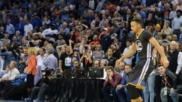 Feb 27, 2016; Oklahoma City, OK, USA; Golden State Warriors guard Stephen Curry (30) reacts after hitting the game winning shot against the Oklahoma City Thunder in overtime at Chesapeake Energy Arena. Mandatory Credit: Mark D. Smith-USA TODAY Sports