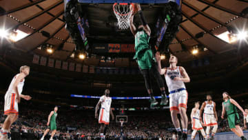 NEW YORK, NY - APRIL 2: Jaylen Brown #7 of the Boston Celtics goes up for a dunk during a game against the New York Knicks on April 2, 2017 at Madison Square Garden in New York City, New York. NOTE TO USER: User expressly acknowledges and agrees that, by downloading and/or using this photograph, user is consenting to the terms and conditions of the Getty Images License Agreement. Mandatory Copyright Notice: Copyright 2017 NBAE (Photo by Nathaniel S. Butler/NBAE via Getty Images)