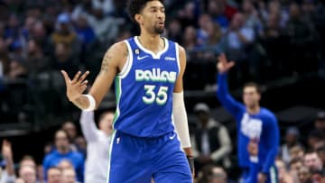 Feb 13, 2023; Dallas, Texas, USA; Dallas Mavericks forward Christian Wood (35) reacts after scoring during the second quarter against the Minnesota Timberwolves at American Airlines Center. Mandatory Credit: Kevin Jairaj-USA TODAY Sports