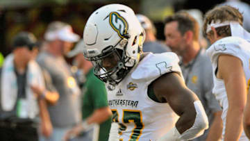 Sep 14, 2019; Oxford, MS, USA; Southeastern Louisiana Lions linebacker Hunter Gill (17) reacts during the second half against the Mississippi Rebels at Vaught-Hemingway Stadium. Mandatory Credit: Justin Ford-USA TODAY Sports