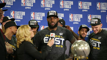 BOSTON, MA - MAY 27: Doris Burke interviews LeBron James #23 of the Cleveland Cavaliers after Game Seven of the Eastern Conference Finals of the 2018 NBA Playoffs against the Boston Celtics on May 27, 2018 at the TD Garden in Boston, Massachusetts. NOTE TO USER: User expressly acknowledges and agrees that, by downloading and or using this photograph, User is consenting to the terms and conditions of the Getty Images License Agreement. Mandatory Copyright Notice: Copyright 2018 NBAE (Photo by Nathaniel S. Butler/NBAE via Getty Images)