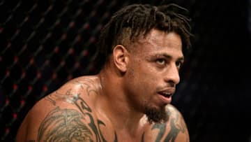 BOSTON, MASSACHUSETTS - OCTOBER 18: Greg Hardy reacts after his decision victory over Ben Sosoli in their heavyweight bout during the UFC Fight Night event at TD Garden on October 18, 2019 in Boston, Massachusetts. (Photo by Chris Unger/Zuffa LLC via Getty Images)