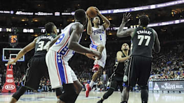 Apr 10, 2016; Philadelphia, PA, USA; Philadelphia 76ers guard Ish Smith (1) goes up for a shot during the third quarter of the game against the Milwaukee Bucks at the Wells Fargo Center. The Milwaukee Bucks won 109-108 in OT. Mandatory Credit: John Geliebter-USA TODAY Sports