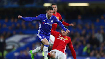 LONDON, ENGLAND - MARCH 13: Eden Hazard of Chelsea evades Paul Pogba of Manchester United during The Emirates FA Cup Quarter-Final match between Chelsea and Manchester United at Stamford Bridge on March 13, 2017 in London, England. (Photo by Ian Walton/Getty Images)
