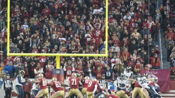 January 3, 2016; Santa Clara, CA, USA; San Francisco 49ers kicker Phil Dawson (9) kicks the game-winning field goal during overtime against the St. Louis Rams at Levi's Stadium. The 49ers defeated the Rams 19-16. Mandatory Credit: Kyle Terada-USA TODAY Sports