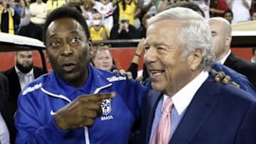 Sep 10, 2013; Foxborough, MA, USA; Brazil soccer legend Pele (left) talks with New England Patriots owner Robert Kraft before the friendly between Brazil and Portugal at Gillette Stadium. Mandatory Credit: Winslow Townson-USA TODAY Sports