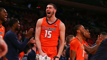 NEW YORK, NY - JANUARY 26: Illinois Fighting Illini forward Giorgi Bezhanishvili (15) reacts on the bench during the second half of the Big Ten Super Saturday College Basketball game between the Maryland Terrapins and the Illinois Fighting Illini on January 26, 2019 at Madison Square Garden in New York, NY. (Photo by Rich Graessle/Icon Sportswire via Getty Images)