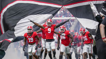 Oct 2, 2021; Athens, Georgia, USA; The Georgia Bulldogs led by defensive back Ameer Speed (9) run out to the field to face the Arkansas Razorbacks at Sanford Stadium. Mandatory Credit: Dale Zanine-USA TODAY Sports