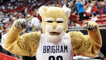 LAS VEGAS, NV - MARCH 11: Brigham Young University Cougars mascot Cosmo the Cougar poses before a semifinal game of the Conoco Mountain West Conference Basketball tournament against the New Mexico Lobos at the Thomas