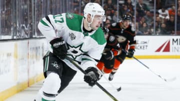 ANAHEIM, CA - APRIL 06: Devin Shore #17 of the Dallas Stars skates with the puck during the second period of the game against the Anaheim Ducks at Honda Center on April 6, 2018 in Anaheim, California. (Photo by Debora Robinson/NHLI via Getty Images) *** Local Caption ***