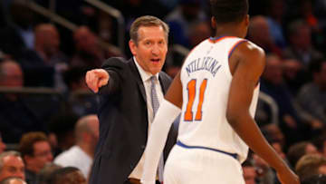 NEW YORK, NY - NOVEMBER 13: (NEW YORK DAILIES OUT) Head coach Jeff Hornacek of the New York Knicks instructs Frank Ntilikina #11 during a game against the Cleveland Cavaliers at Madison Square Garden on November 13, 2017 in New York City. The Cavaliers defeated the Knicks 104-101. (Photo by Jim McIsaac/Getty Images)
