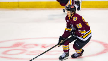 ROSEMONT, IL - JUNE 05: Chicago Wolves center Cody Glass (29) controls the puck during game three of the AHL Calder Cup Finals between the Charlotte Checkers and the Chicago Wolves on June 5, 2019, at the Allstate Arena in Rosemont, IL. (Photo by Patrick Gorski/Icon Sportswire via Getty Images)