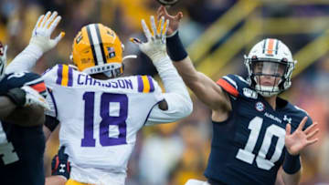 Auburn football quarterback Bo Nix (10) throws the ball at Tiger Stadium in Baton Rouge, La., on Saturday, Oct. 26, 2019. LSU defeated Auburn 23-20.